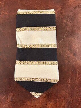 Charleston Tie Rack Italy Men's Silk Necktie Black Cream Gold Medallion Stripe